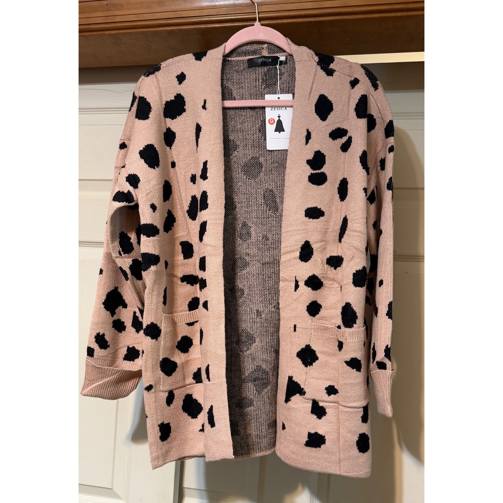 Zesica Womens Leopard Print Open Front Cardigan Pink Black Knit Sweater Medium